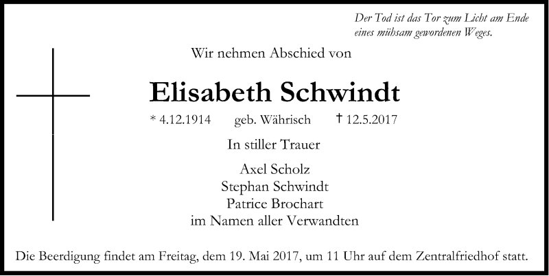 Traueranzeigen Von Elisabeth Schwindt | Trauer.nn.de