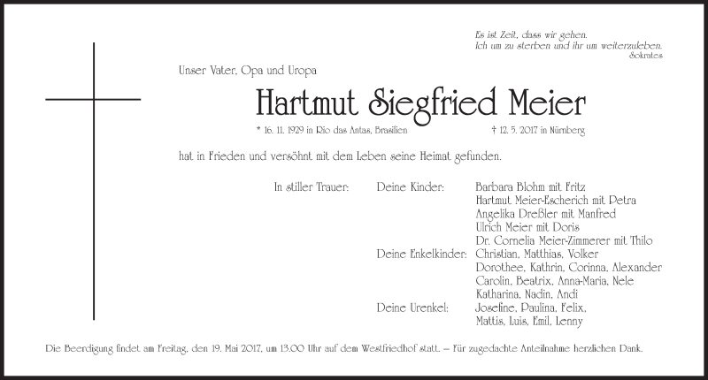  Traueranzeige für Hartmut Siegfried Meier vom 17.05.2017 aus Gesamtausgabe Nürnberger Nachrichten/ Nürnberger Ztg.