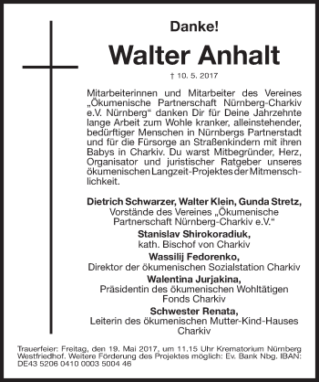 Traueranzeige von Walter Anhalt von Gesamtausgabe Nürnberger Nachrichten/ Nürnberger Ztg.