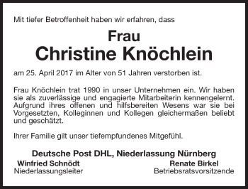 Traueranzeige von Christine Knöchlein von Gesamtausgabe Nürnberger Nachrichten/ Nürnberger Ztg.