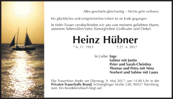 Traueranzeige von Heinz Hübner von Gesamtausgabe Nürnberger Nachrichten/ Nürnberger Ztg.