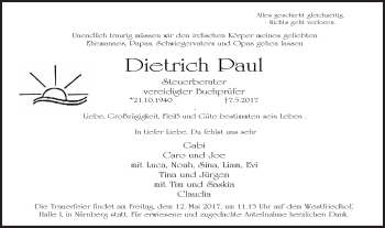 Traueranzeige von Dietrich Paul von Gesamtausgabe Nürnberger Nachrichten/ Nürnberger Ztg.