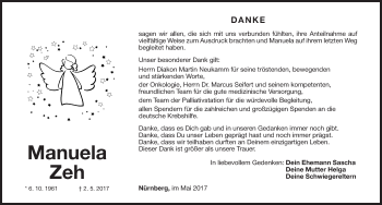 Traueranzeige von Manuela Zeh von Gesamtausgabe Nürnberger Nachrichten/ Nürnberger Ztg.