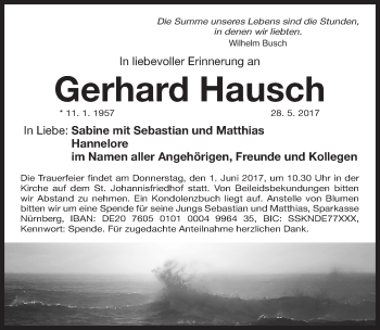Traueranzeige von Gerhard Hausch von Gesamtausgabe Nürnberger Nachrichten/ Nürnberger Ztg.
