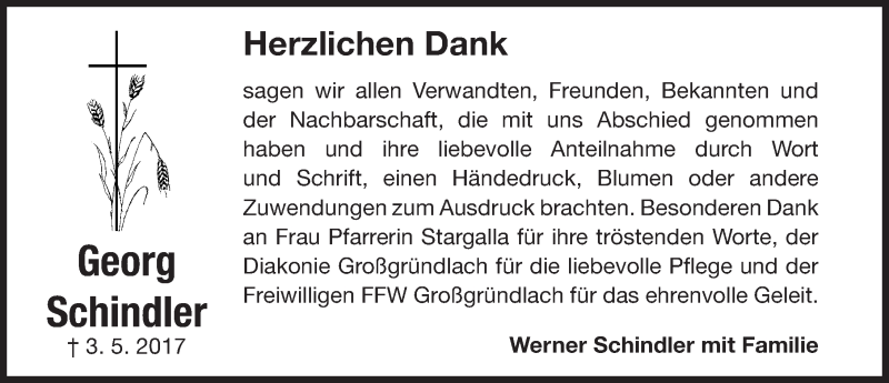  Traueranzeige für Georg Schindler vom 29.05.2017 aus Gesamtausgabe Nürnberger Nachrichten/ Nürnberger Ztg.
