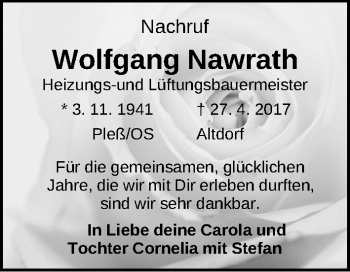 Traueranzeige von Wolfgang Nawrath von Gesamtausgabe Nürnberger Nachrichten/ Nürnberger Ztg.