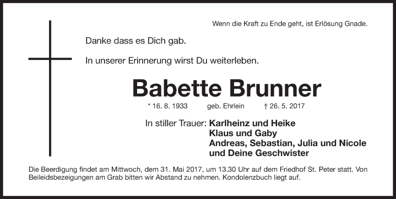  Traueranzeige für Babette Brunner vom 27.05.2017 aus Gesamtausgabe Nürnberger Nachrichten/ Nürnberger Ztg.