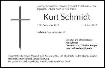 Traueranzeige von Kurt Schmidt von Gesamtausgabe Nürnberger Nachrichten/ Nürnberger Ztg.