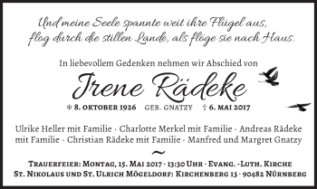 Traueranzeige von Irene Rädeke von Gesamtausgabe Nürnberger Nachrichten/ Nürnberger Ztg.