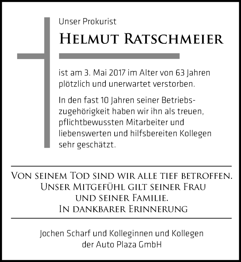  Traueranzeige für Helmut Ratschmeier vom 06.05.2017 aus Schwabach