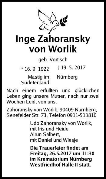 Traueranzeige von Inge Zahoransky von Worlik von Gesamtausgabe Nürnberger Nachrichten/ Nürnberger Ztg.