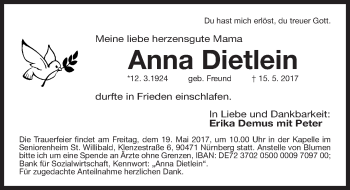 Traueranzeige von Anna Dietlein von Gesamtausgabe Nürnberger Nachrichten/ Nürnberger Ztg.