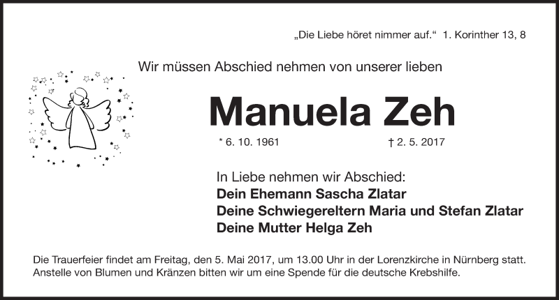  Traueranzeige für Manuela Zeh vom 04.05.2017 aus Gesamtausgabe Nürnberger Nachrichten/ Nürnberger Ztg.