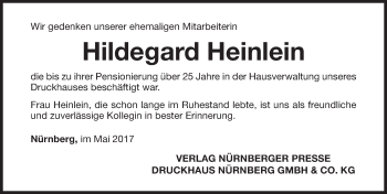 Traueranzeige von Hildegard Heinlein von Gesamtausgabe Nürnberger Nachrichten/ Nürnberger Ztg.