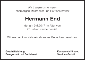 Traueranzeige von Hermann End von Fürther Nachrichten Lokal