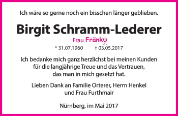 Traueranzeige von Birgit Schramm-Lederer von Gesamtausgabe Nürnberger Nachrichten/ Nürnberger Ztg.