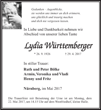 Traueranzeige von Lydia Württemberger von Gesamtausgabe Nürnberger Nachrichten/ Nürnberger Ztg.