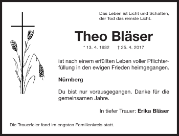 Traueranzeige von Theo Bläser von Gesamtausgabe Nürnberger Nachrichten/ Nürnberger Ztg.