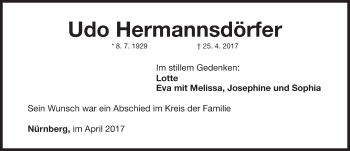 Traueranzeige von Udo Hermannsdörfer von Gesamtausgabe Nürnberger Nachrichten/ Nürnberger Ztg.