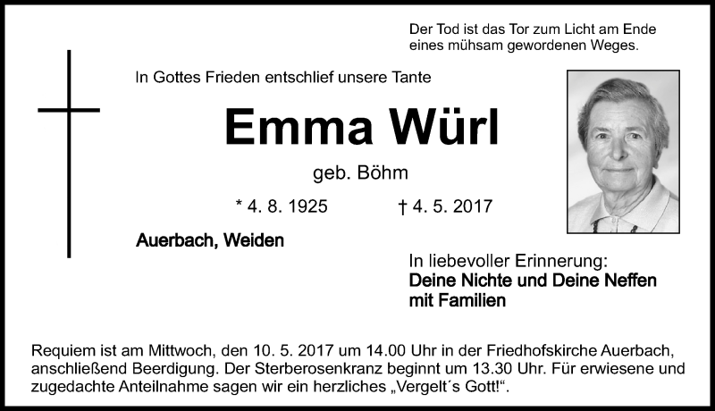  Traueranzeige für Emma Würl vom 06.05.2017 aus Nordbayerische Nachrichten Pegnitz Lokal