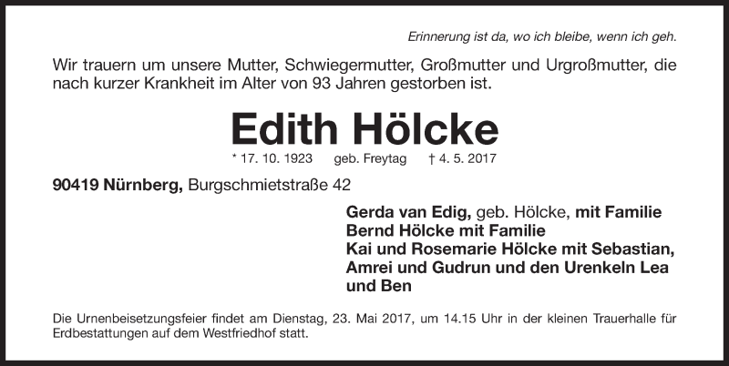  Traueranzeige für Edith Hölcke vom 11.05.2017 aus Gesamtausgabe Nürnberger Nachrichten/ Nürnberger Ztg.