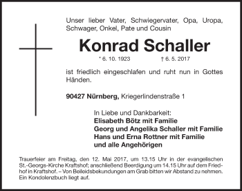 Traueranzeige von Konrad Schaller von Gesamtausgabe Nürnberger Nachrichten/ Nürnberger Ztg.