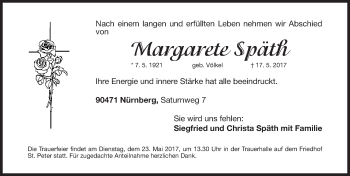 Traueranzeige von Margarete Späth von Gesamtausgabe Nürnberger Nachrichten/ Nürnberger Ztg.