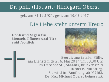 Traueranzeige von Hildegard Oberst von Gesamtausgabe Nürnberger Nachrichten/ Nürnberger Ztg.
