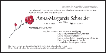 Traueranzeige von Anna-Margarete Schneider von Gesamtausgabe Nürnberger Nachrichten/ Nürnberger Ztg.