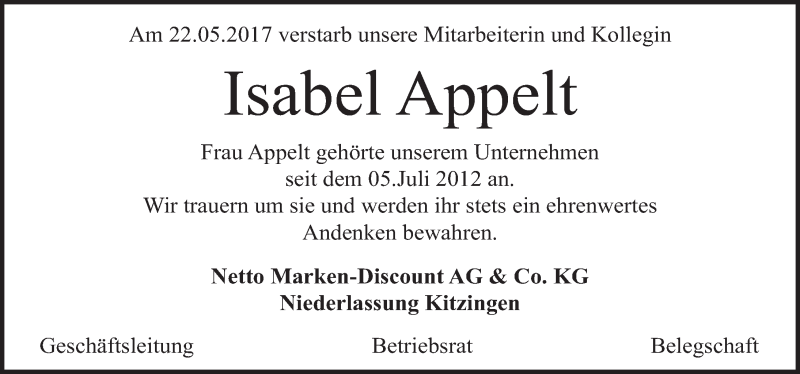  Traueranzeige für Isabel Appelt vom 27.05.2017 aus Fürther Nachrichten Lokal