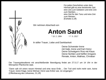 Traueranzeige von Anton Sand von Altmühl-Bote Lokal