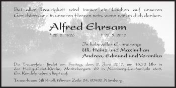 Traueranzeige von Alfred Ehrsam von Gesamtausgabe Nürnberger Nachrichten/ Nürnberger Ztg.