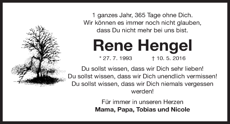  Traueranzeige für Rene Hengel vom 10.05.2017 aus Erlanger Nachrichten Lokal