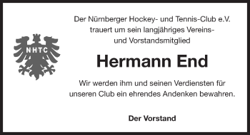 Traueranzeige von Hermann End von Gesamtausgabe Nürnberger Nachrichten/ Nürnberger Ztg.