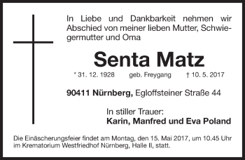 Traueranzeige von Senta Matz von Gesamtausgabe Nürnberger Nachrichten/ Nürnberger Ztg.