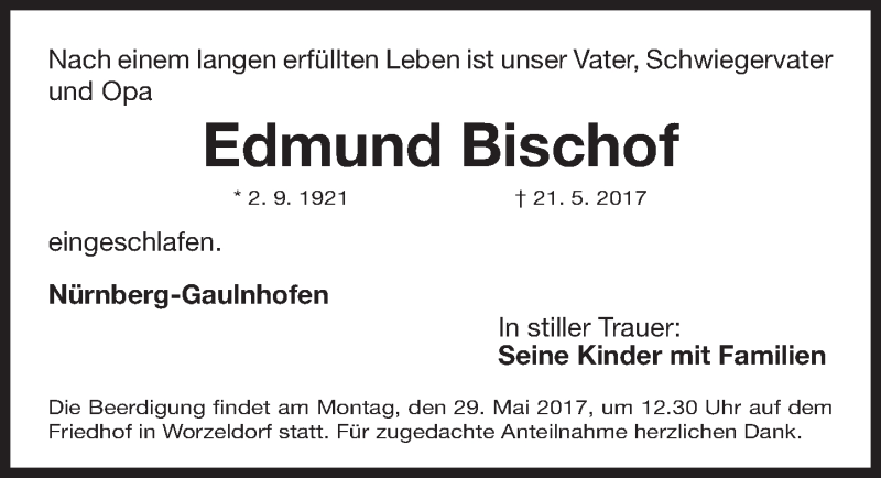  Traueranzeige für Edmund Bischof vom 27.05.2017 aus Gesamtausgabe Nürnberger Nachrichten/ Nürnberger Ztg.