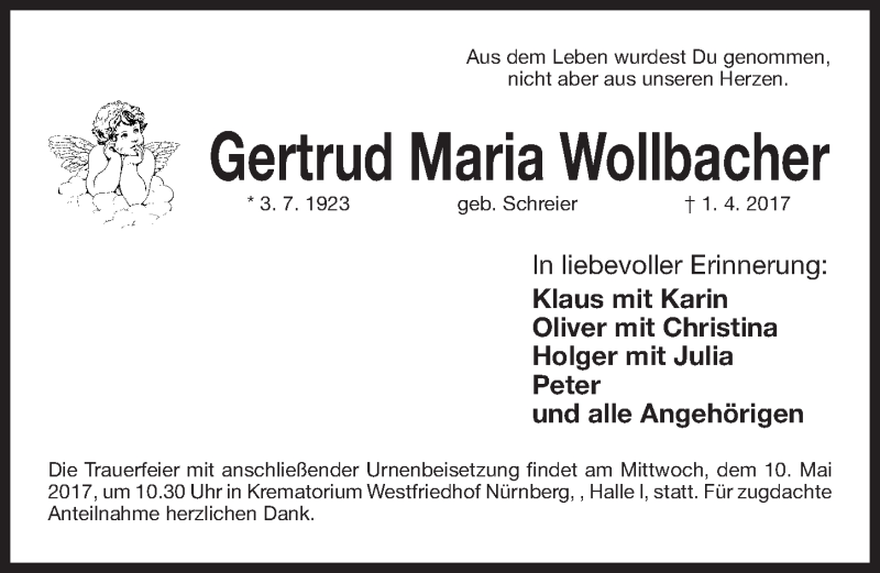  Traueranzeige für Gertrud Maria Wollbacher vom 06.05.2017 aus Gesamtausgabe Nürnberger Nachrichten/ Nürnberger Ztg.
