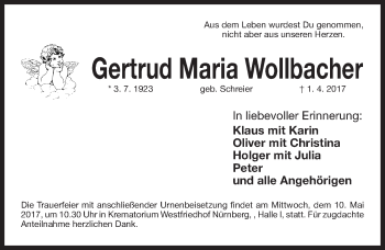 Traueranzeige von Gertrud Maria Wollbacher von Gesamtausgabe Nürnberger Nachrichten/ Nürnberger Ztg.