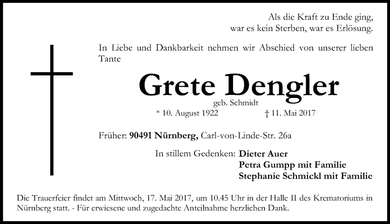  Traueranzeige für Grete Dengler vom 15.05.2017 aus Gesamtausgabe Nürnberger Nachrichten/ Nürnberger Ztg.