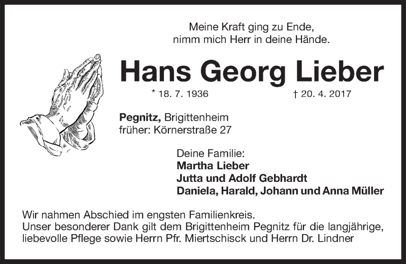  Traueranzeige für Hans Georg Lieber vom 04.05.2017 aus Nordbayerische Nachrichten Pegnitz Lokal