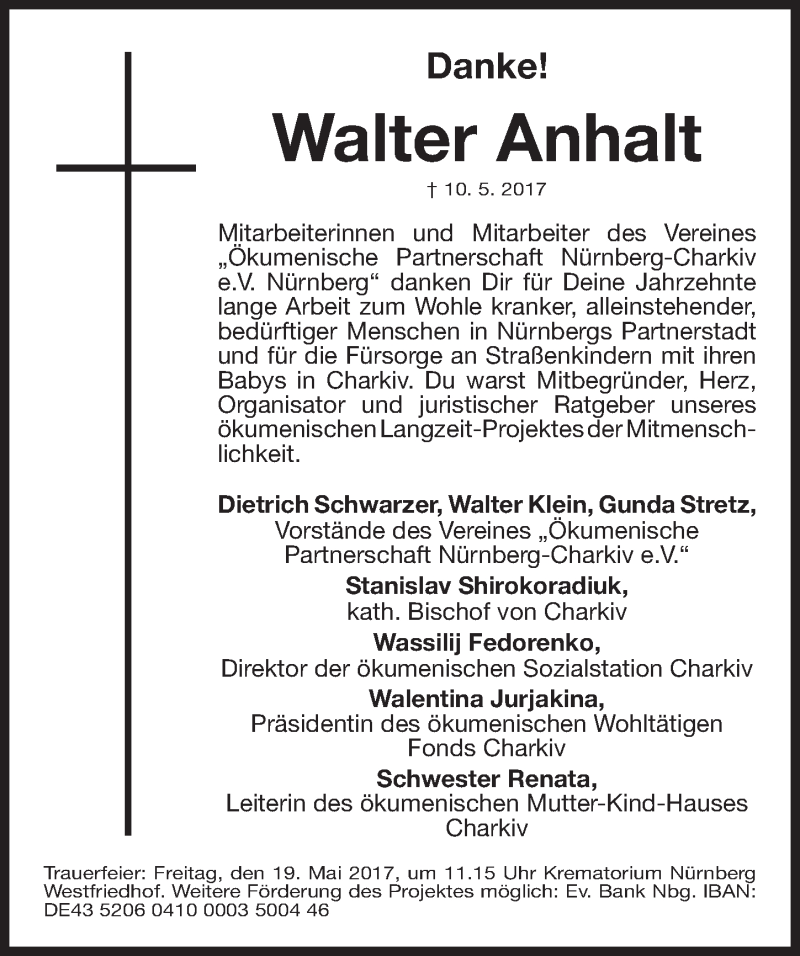  Traueranzeige für Walter Anhalt vom 17.05.2017 aus Gesamtausgabe Nürnberger Nachrichten/ Nürnberger Ztg.