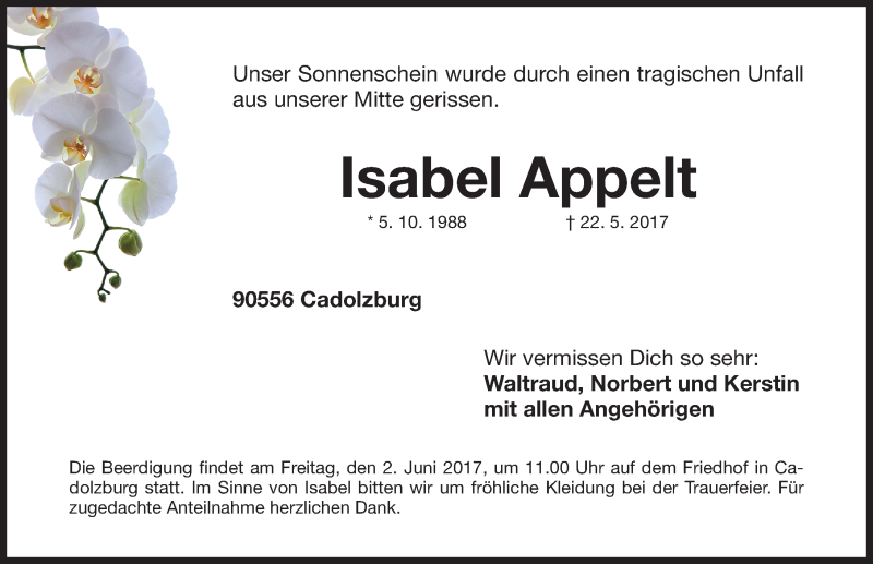  Traueranzeige für Isabel Appelt vom 01.06.2017 aus Fürther Nachrichten Lokal