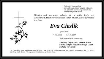 Traueranzeige von Eva Cieslik von Erlanger Nachrichten Lokal