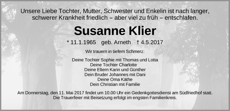  Traueranzeige für Susanne Klier vom 08.05.2017 aus Gesamtausgabe Nürnberger Nachrichten/ Nürnberger Ztg./ Fürther Nachrichten