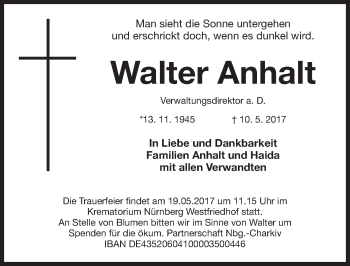 Traueranzeige von Walter Anhalt von Gesamtausgabe Nürnberger Nachrichten/ Nürnberger Ztg.