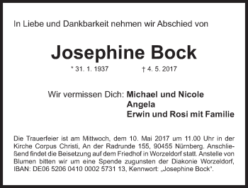 Traueranzeige von Josephine Bock von Gesamtausgabe Nürnberger Nachrichten/ Nürnberger Ztg.