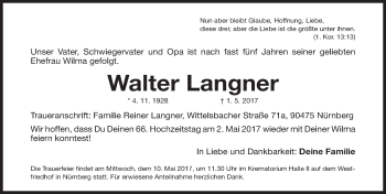 Traueranzeige von Walter Langner von Gesamtausgabe Nürnberger Nachrichten/ Nürnberger Ztg.
