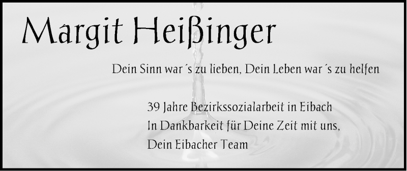  Traueranzeige für Margit Heißinger vom 04.05.2017 aus Gesamtausgabe Nürnberger Nachrichten/ Nürnberger Ztg.