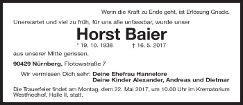 Traueranzeige von Horst Baier von Gesamtausgabe Nürnberger Nachrichten/ Nürnberger Ztg.