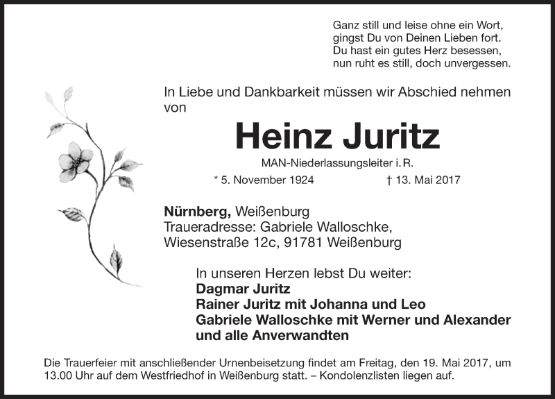  Traueranzeige für Heinz Juritz vom 16.05.2017 aus Gesamtausgabe Nürnberger Nachrichten/ Nürnberger Ztg.